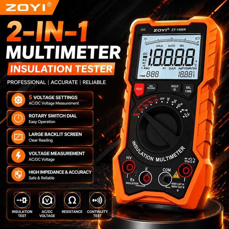 ZOYI High Precision Megohmmeter Multimeter 2-in-1 1000R Insulation Tester Electrician 1000V for New Energy Electrical