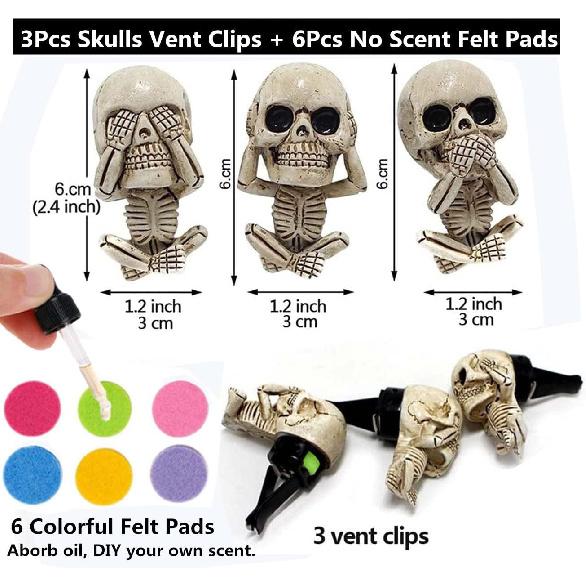 Evil Skull Car Air Fresheners Vent Clips, Cool Skull Car Accessories With 6 Felt Pads, Cute Automotive Halloween Decorations Interior For Men Women