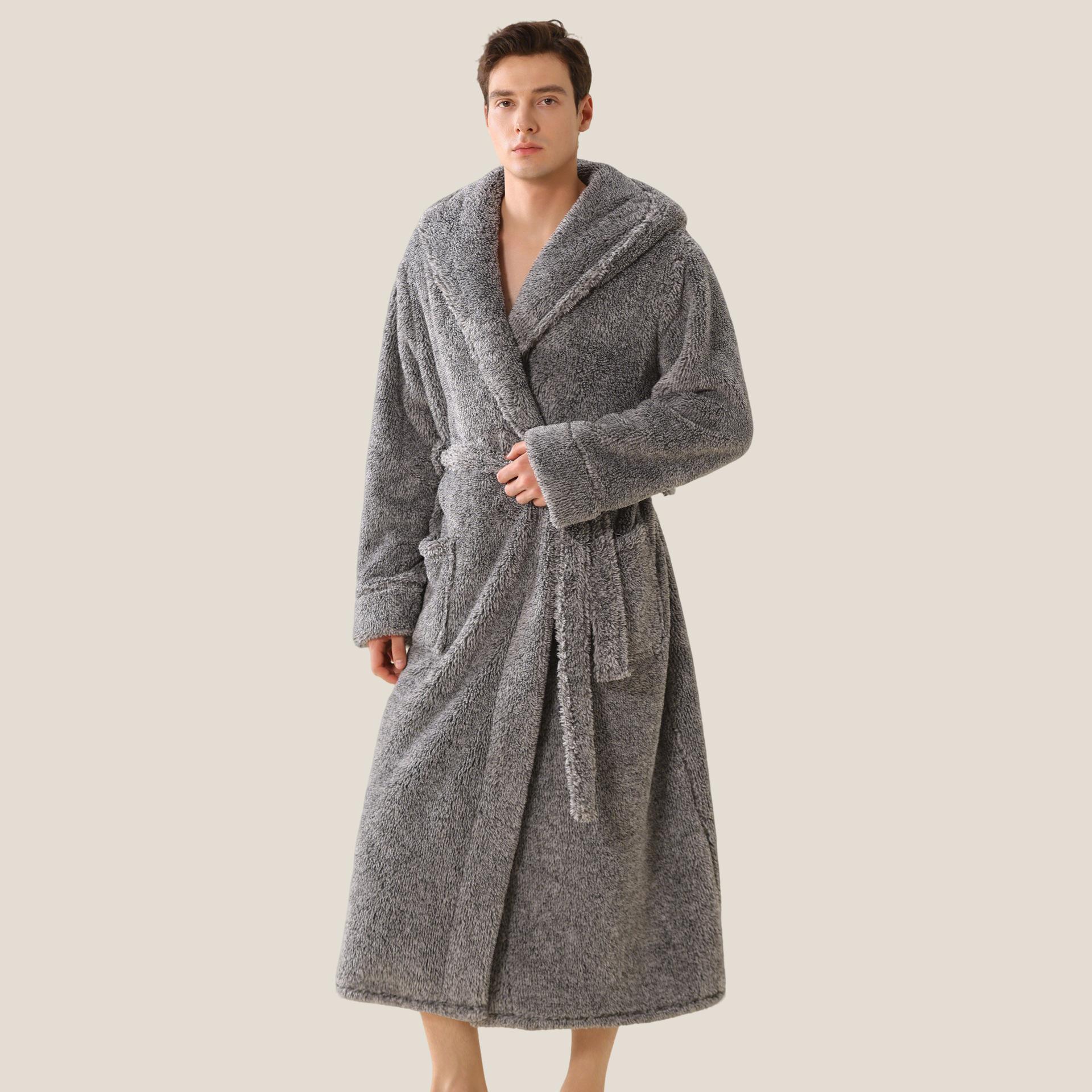 

Зимовий халат з капюшоном для чоловіків Плюшеві довгі банні халати з капюшоном Затишний теплий халат Пухнастий спа-халат з кишенями Чоловічий домашній халат Пухнасті флісові халати XL