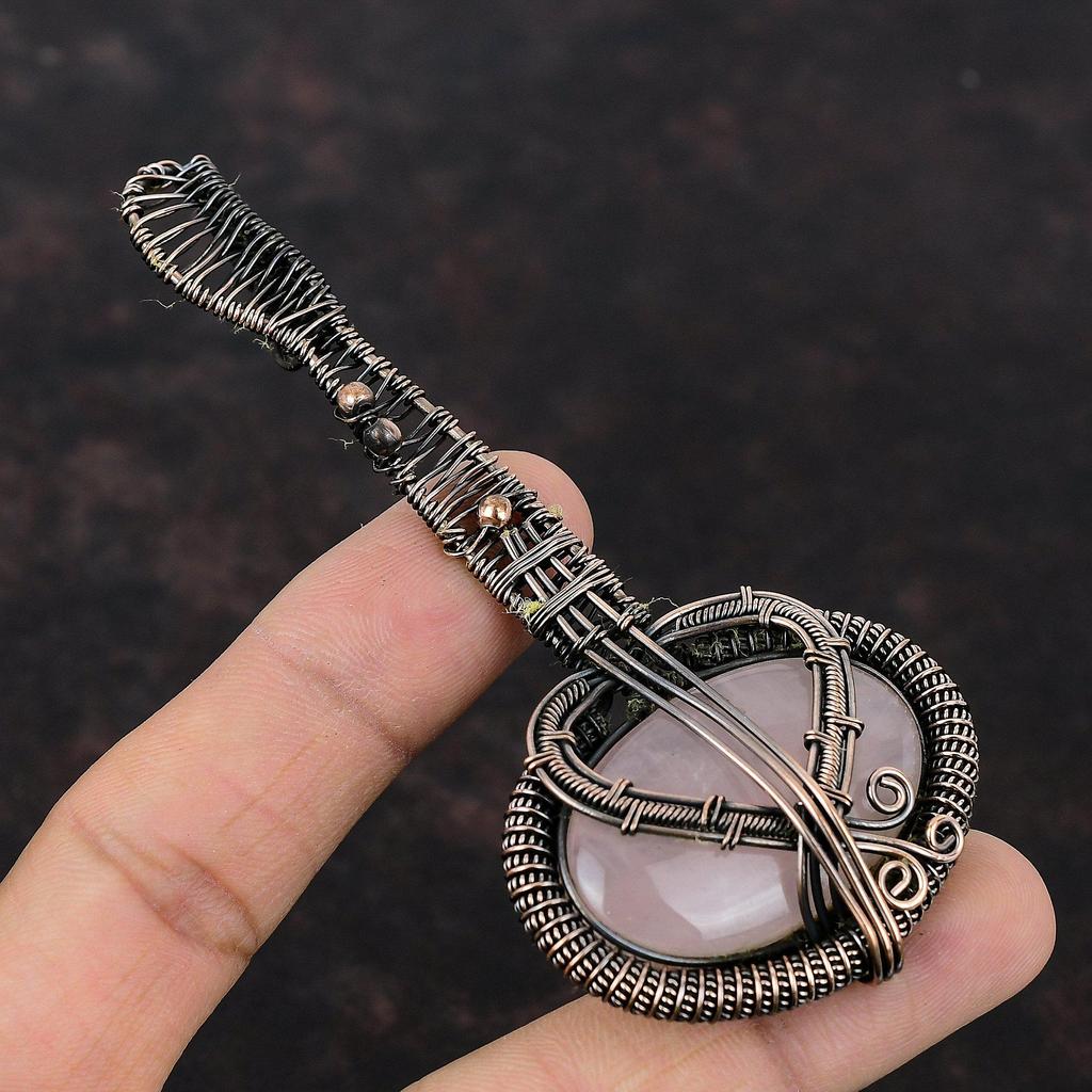 Rose Quartz Pendant Copper Wire Wrapped Pendant Guitar Pendant Copper Jewelry Handmade Pendant Gemstone Pendant Gift For Mother Wire Jewelry