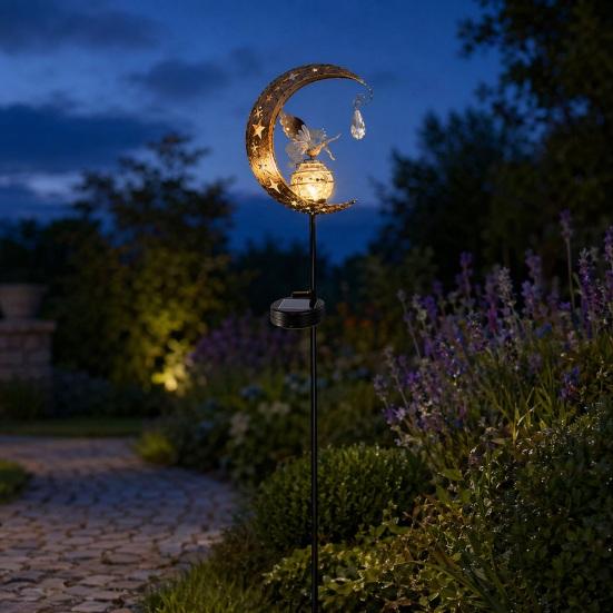 Hummingbird Moon Solar Light, Metal Crescent with Crackle Glass Ball Garden Stake, Solar Pathway Light for Yard Patio Lawn Outdoor Decor