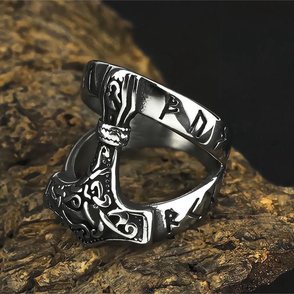 European and American Retro Jewelry Stainless Steel Men's Rings Hip Hop Viking Hammer Rings