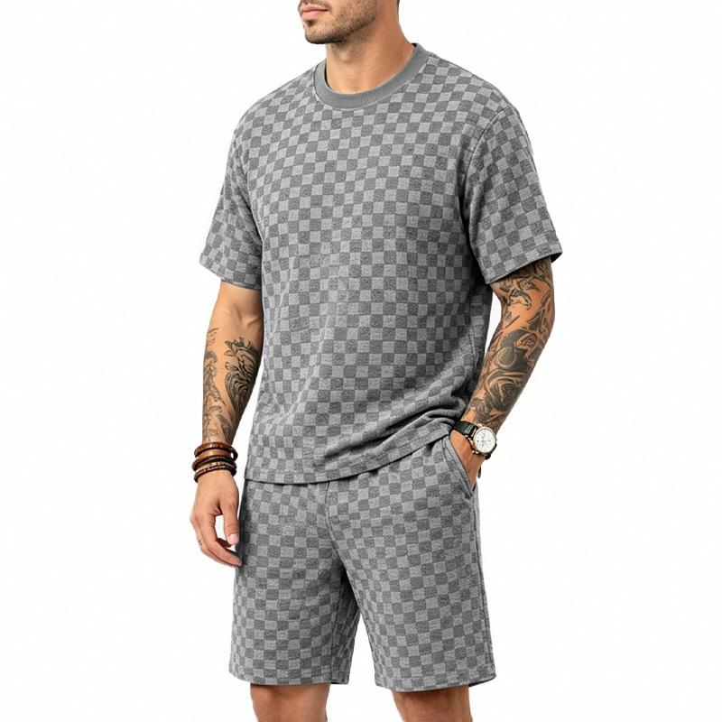 Men S Casual Short Sleeve Round Neck Jacquard Towel Texture Set