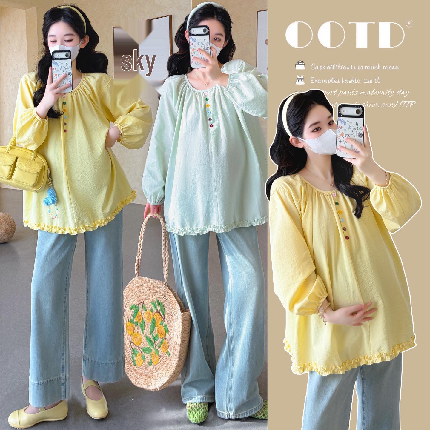 2026 Spring Maternity Puff Sleeve Loose Doll Shirt - Korean Style Tummy-Covering Fashion Top for Women XL