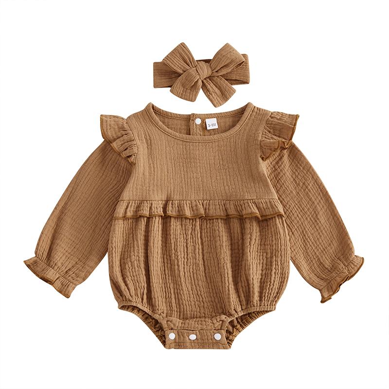Baby Girl 2Pcs Fall Outfits Long Sleeve Solid Color Ruffle Romper with Headband Set Infant Clothes