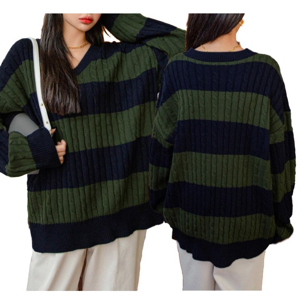 New Autumn/Winter Relaxed-Style Knitwear: Loose-Fitting, Fashionable Women’s V-neck Retro Colour-Blocked Striped Jumper