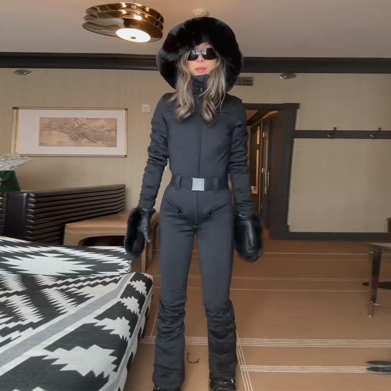 Tuta da Sci Intera con Cappuccio da Donna Slim Collo Alto Zip Vita Alta Monocolore Antivento Capospalla Invernale Abbigliamento da Sci da Donna
