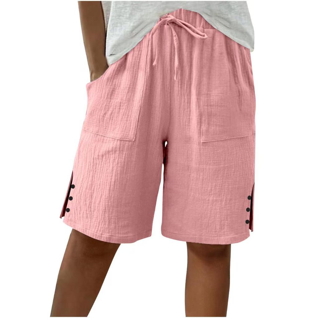 Women's Cotton Linen Drawstring Elastic Waist Casual Shorts with Pockets and Side Split Buttons