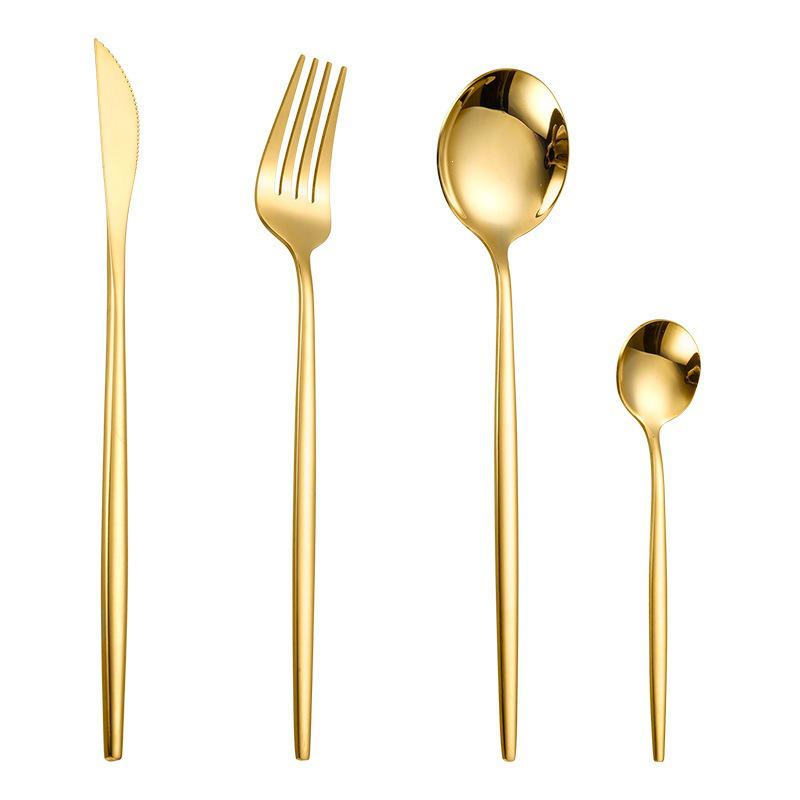 Gold-Plated Stainless Steel Cutlery Set: Includes Steak Knife, Fork, Spoon, and Knife – Four-Piece Western Style.