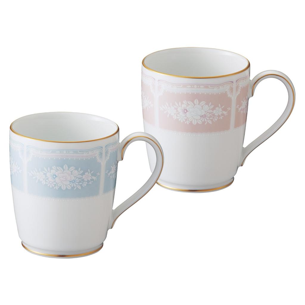 Noritake Mugs (Color-Changing Pair Set) 280cc Lacewood Gold, Blue and Pink Fine Porcelain, P9755A/1507-14