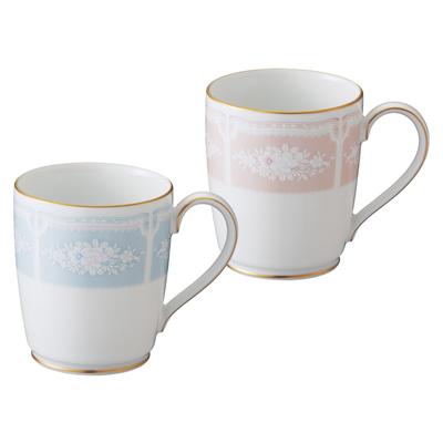 Noritake Mugs Pair 280cc Lacewood Blue and Pink Fine (Color-Changing Set) Gold, Porcelain, P9755A/1507-14
