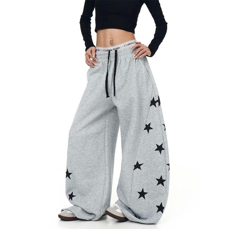 Women Y2K Yellow Star Print Wide Leg Sweatpants Fashion Elastic High Waist Casual Loose Baggy Floor Length Trousers Streetwear