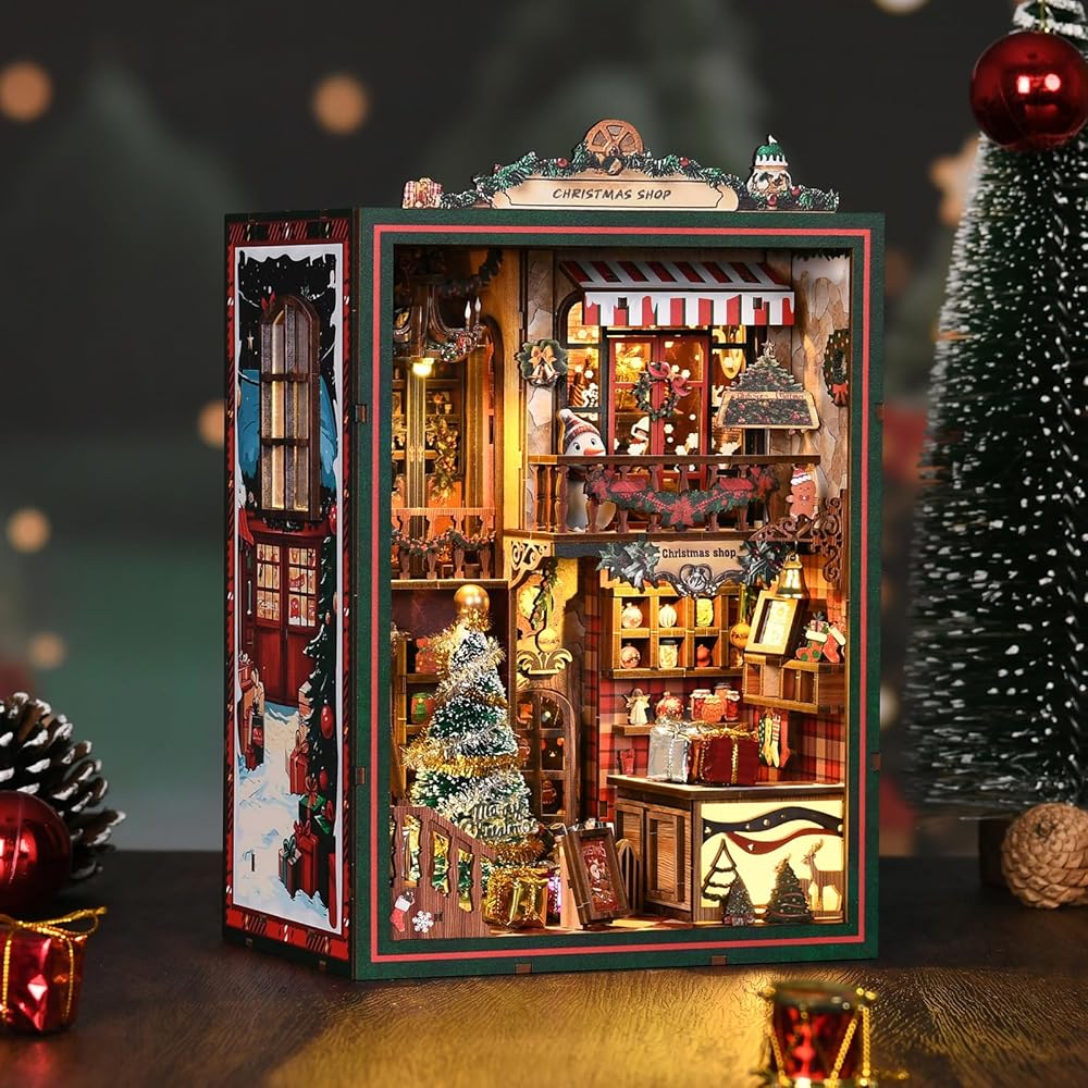 CRESYMME Miniature House Dollhouse Book Nook Kit Wooden DIY 3D Craft Christmas Decoration