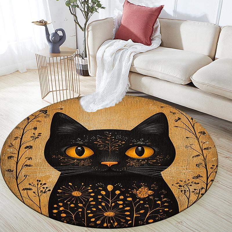 Golden Framed Black Cat Round Area Rug,Carpet Rug for Living Room Bedroom Sofa Playroom Decor,Non-slip Floor Mat