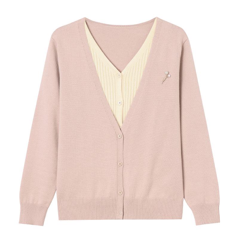 Spring Knit Two-Piece Cardigan - Stylish V-Neck Jacket for Middle-Aged & Elderly Women