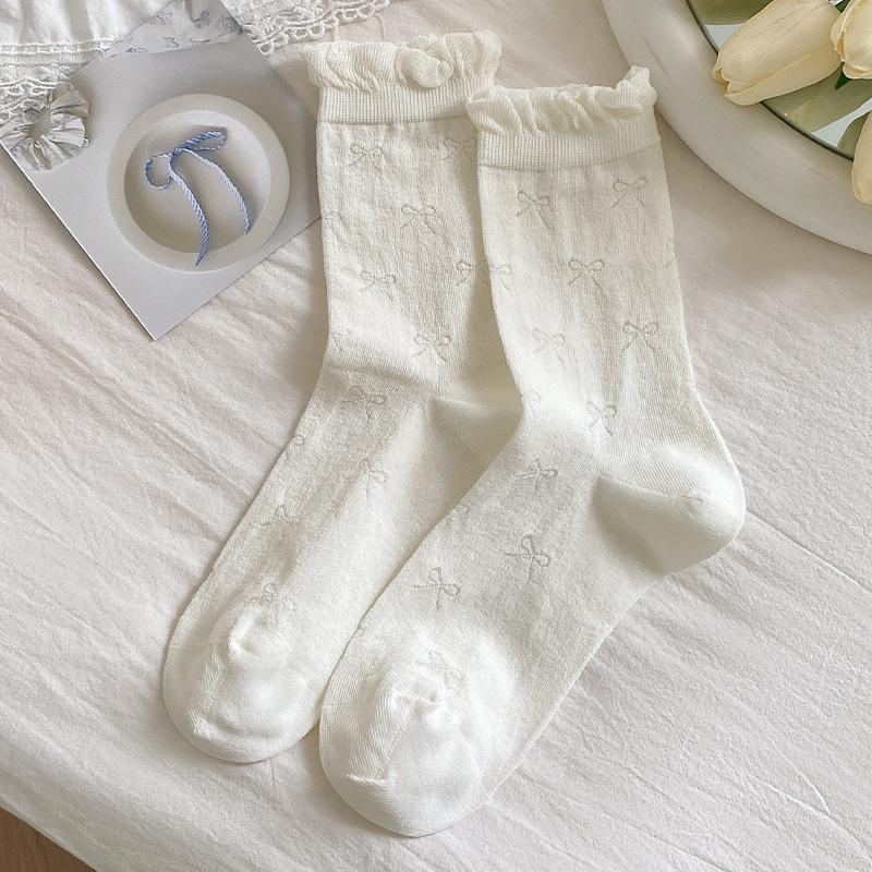Female Spring and Autumn Solid Color Bow Ballet Style Boneless Pile Pile Cotton Socks