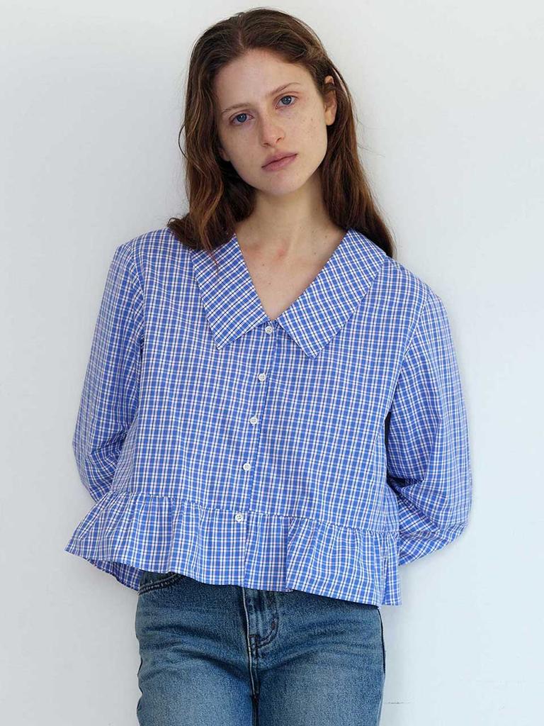 THERYE Wide Collar Check Blouse (Blue)