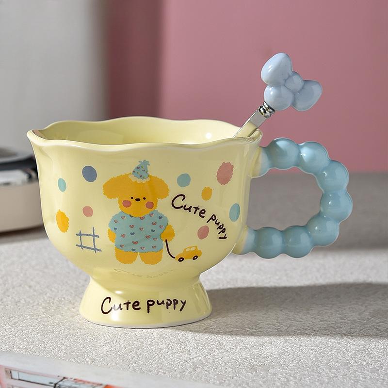 Cartoon Puppy Kitten Mug High End Light Luxury Ceramic Girl with Spoon Coffee Cup Couple Cup Goblet Cup