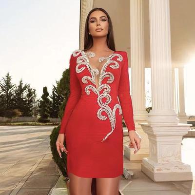 Schwarzes rotes Strass Langarm Bandagen Abendkleid