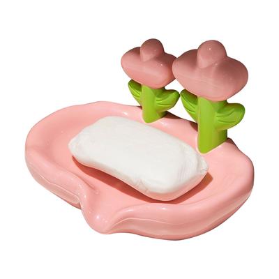 Flower Soap Holder Plastic Easy Clean Decorative Drainage Soap Dish for Shower Bathroom Pink