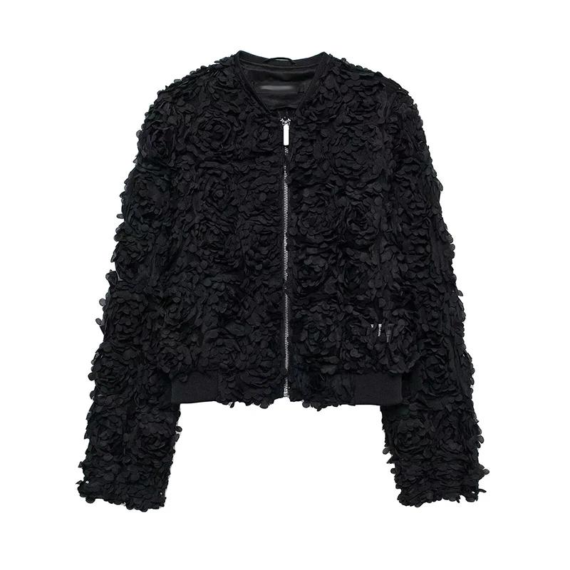 Street Short 3d Flower Lace Jacket Women Chic O-neck Long Sleeve Zipper Female Coats Autumn Lady All-match Outwears