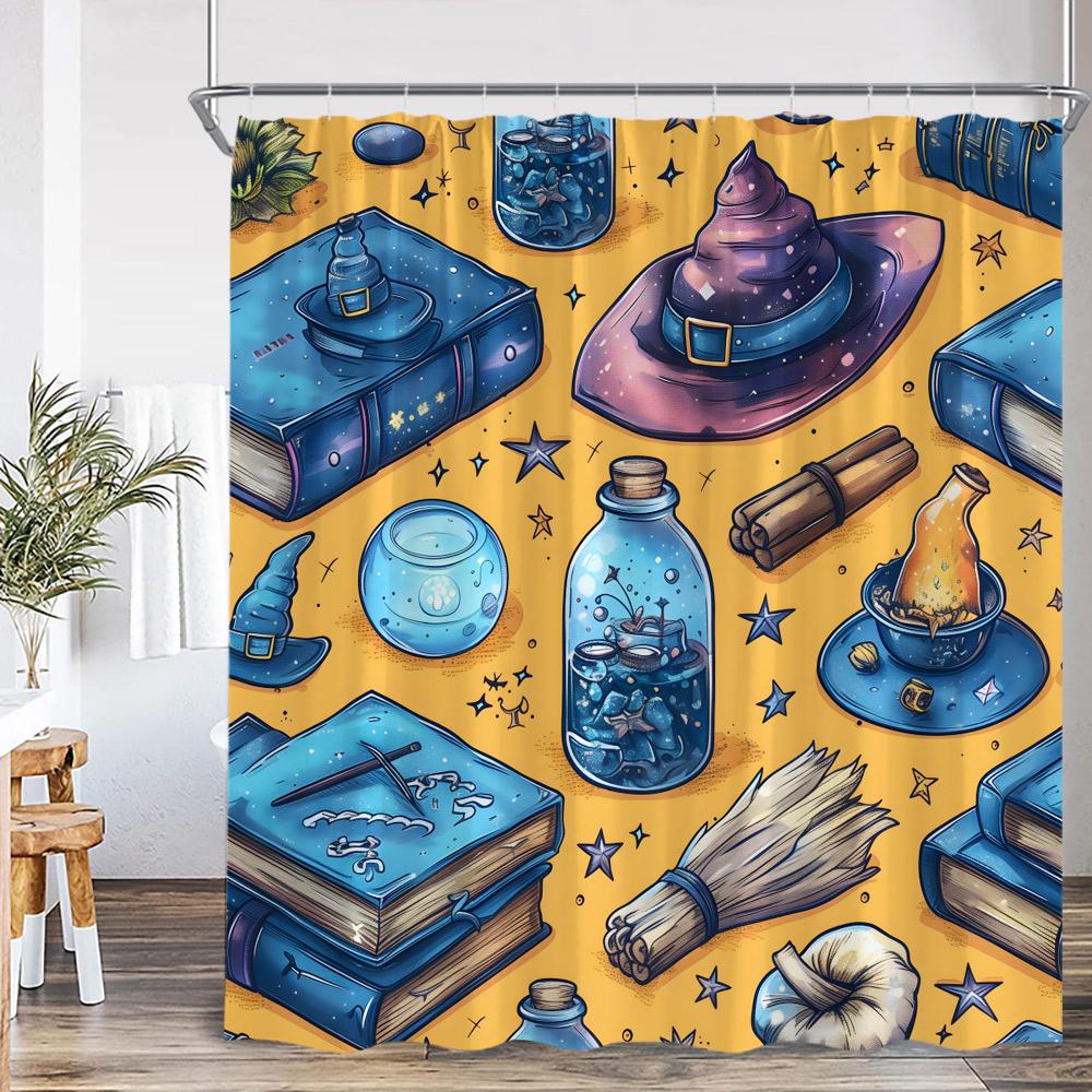 Wizard Magic Halloween Shower Curtain Magical Bookshelf Pharmacist Witch Room Astrology Bathroom Decoration Vintage Bath Curtain