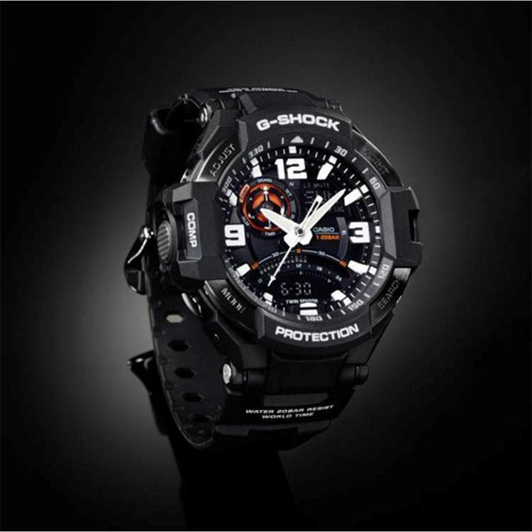 Casio Gravitymaster Military Style Flight Classic Pointer Dual Display Sports Waterproof Quartz Movement Rubber Strap Men Watches Black GA-1000-1A