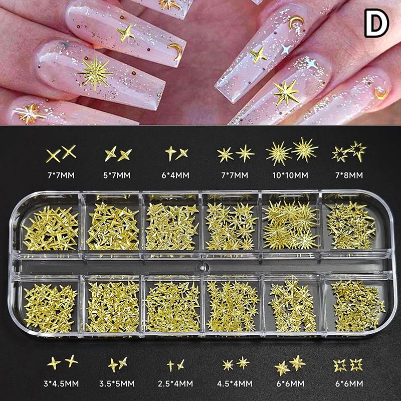 6/12Grids Metal Bow Nail Art Charm Gold Silver 3D Star/Cross Nail Rivet Starlight Nail Decoration Parts Diy Manicure Accessories