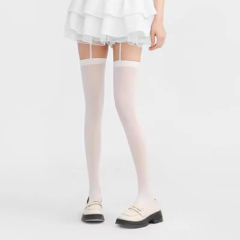 Women White Sexy Stockings with Belt Suspender Wide-banded Tights Lolita Thigh High Stockings with Garters Over The Knee Socks