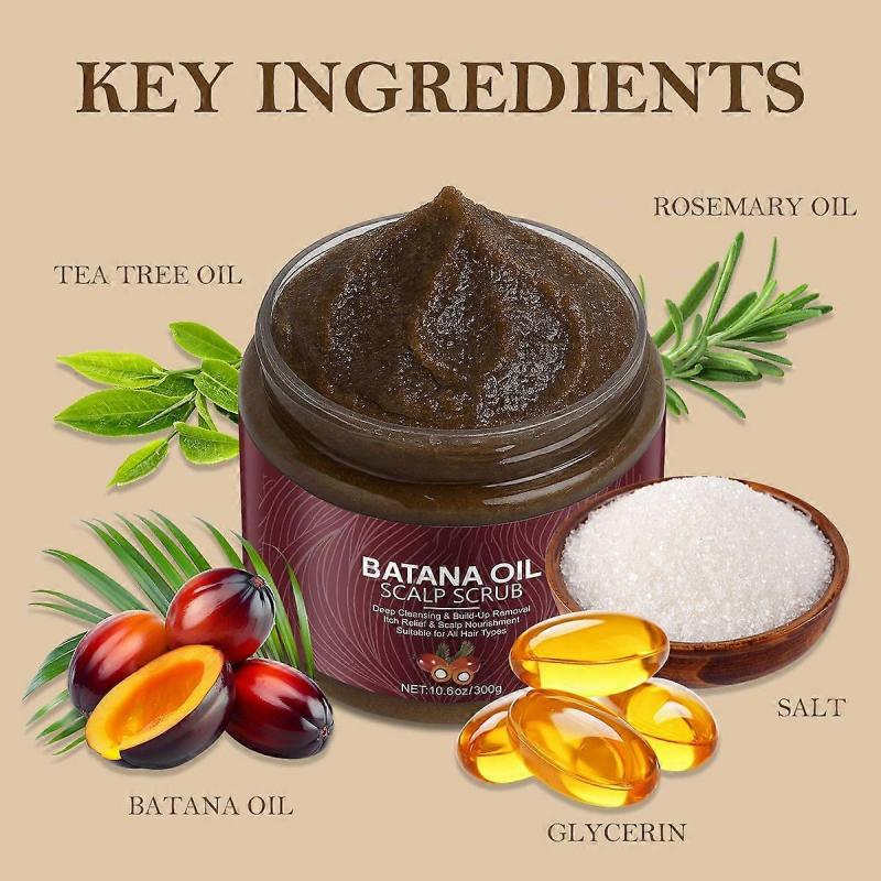 Batana Oil Scalp Scrub, 2-in-1 Shampoo Scalp Exfoliator for Hair Treatment, Includes Silicone Scalp Massager, Removes Buildup & Dandruff, 300g