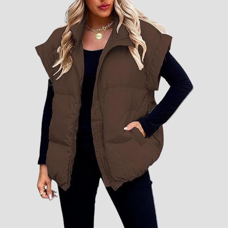 Stylish European & American Women's Solid Color Zipper Pocket Cotton Vest - Stand Collar, Trendy Commuting Jacket