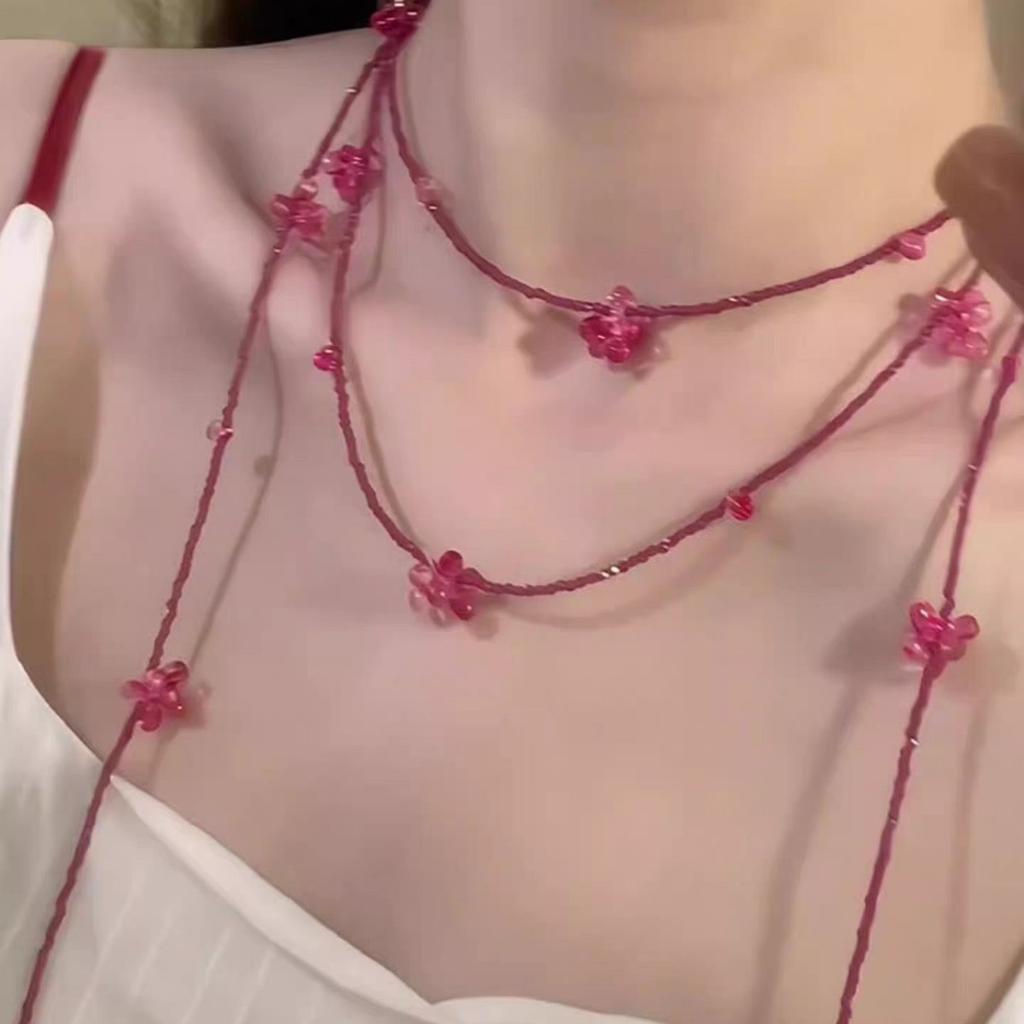 "Spring Cherry Sweet Dream" Sweet Rose Pink Flower Bead String Necklace Super Immortal Delicate White Multi-layer Stacked Clavicle Chain