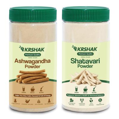 KRSHAK Poudre combinée Ashwagandha et Shatavari 200 g chacun, Lot de 2, Herbes ayurvédiques 100 % pures, Supplément naturel pour le bien-être pour l'énergie, la force, Ho