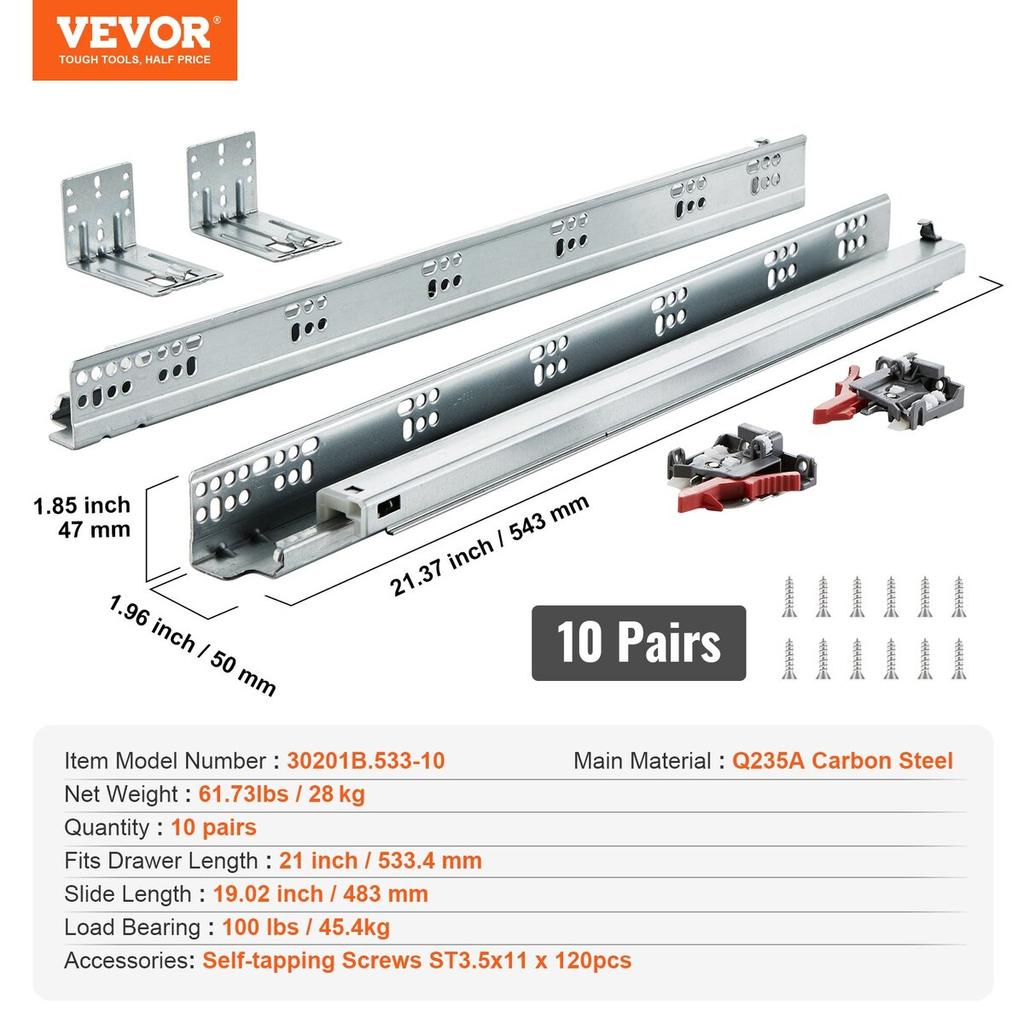 10 Pairs of 533.4mm Drawer Bottom Side Mount Rails, Heavy Duty Full Ball Bearing Extension Steel Track, Soft-Close Noiseless Guide Glides Cabinet