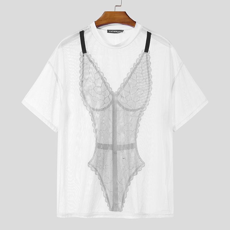 

INCERUN Мужские футболки с короткими рукавами, 3D-принтом, прозрачные, повседневные, из сетки S