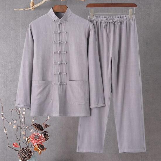 

Yousheng мужской повседневный комплект из двух предметов в китайском стиле с воротником-стойкой, длинными рукавами, пряжками-дисками, карманами, рубашкой и эластичным поясом на завязках, длинные брюки