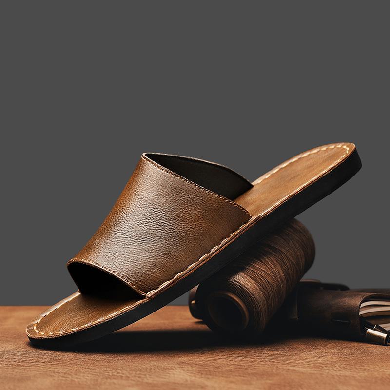 

2025 summer men s one-word slippers fashionable versatile large size sandals sewing line men s cool slippers lightweight 38 коричневый