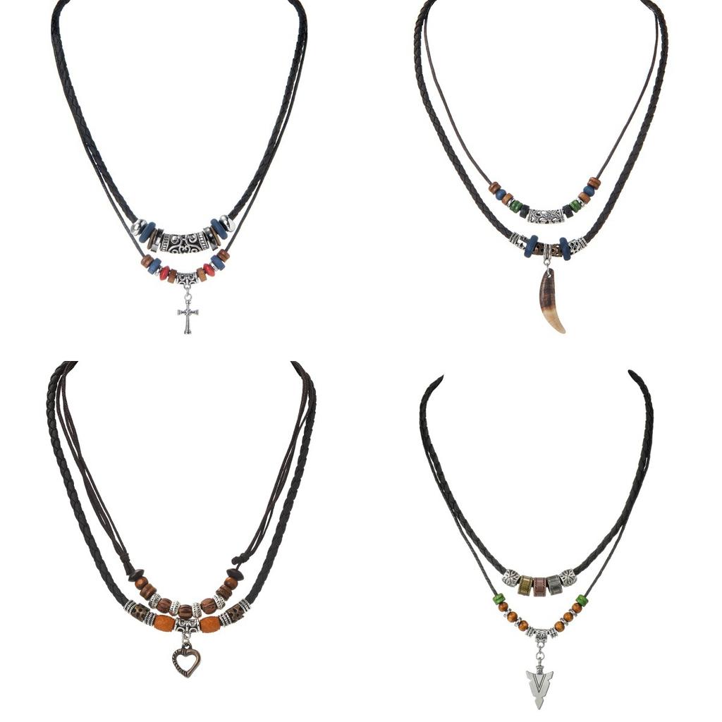 Vintage Style Alloy Cross Love Arrow Wolf Tooth Pendant Tibetan Silver Beaded Waterproof Wax Line Leather Rope Men's Necklace