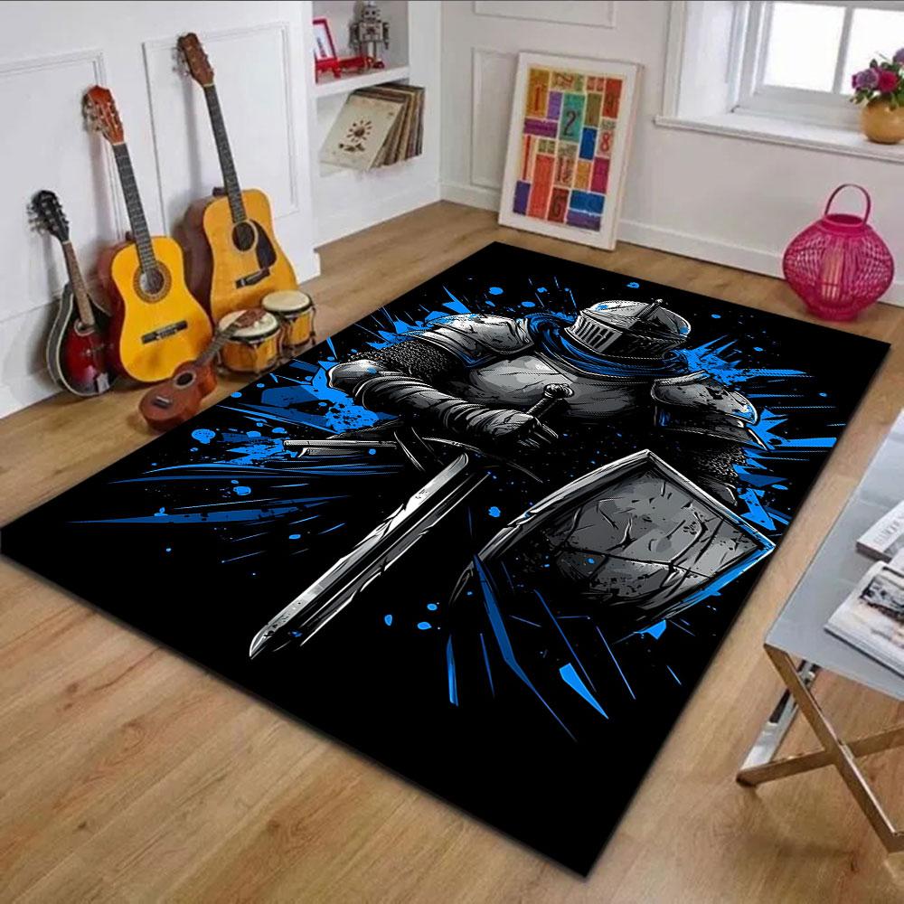 Knight In Shining Armor with Shield Patterned Carpet, Non Slip Mat Suitable for Living Room and Bedroom Sofas