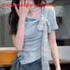 Dopamine Summer Fashion Short Sleeve T Shirt With Bow Tie And Asymmetric Pattern For Women