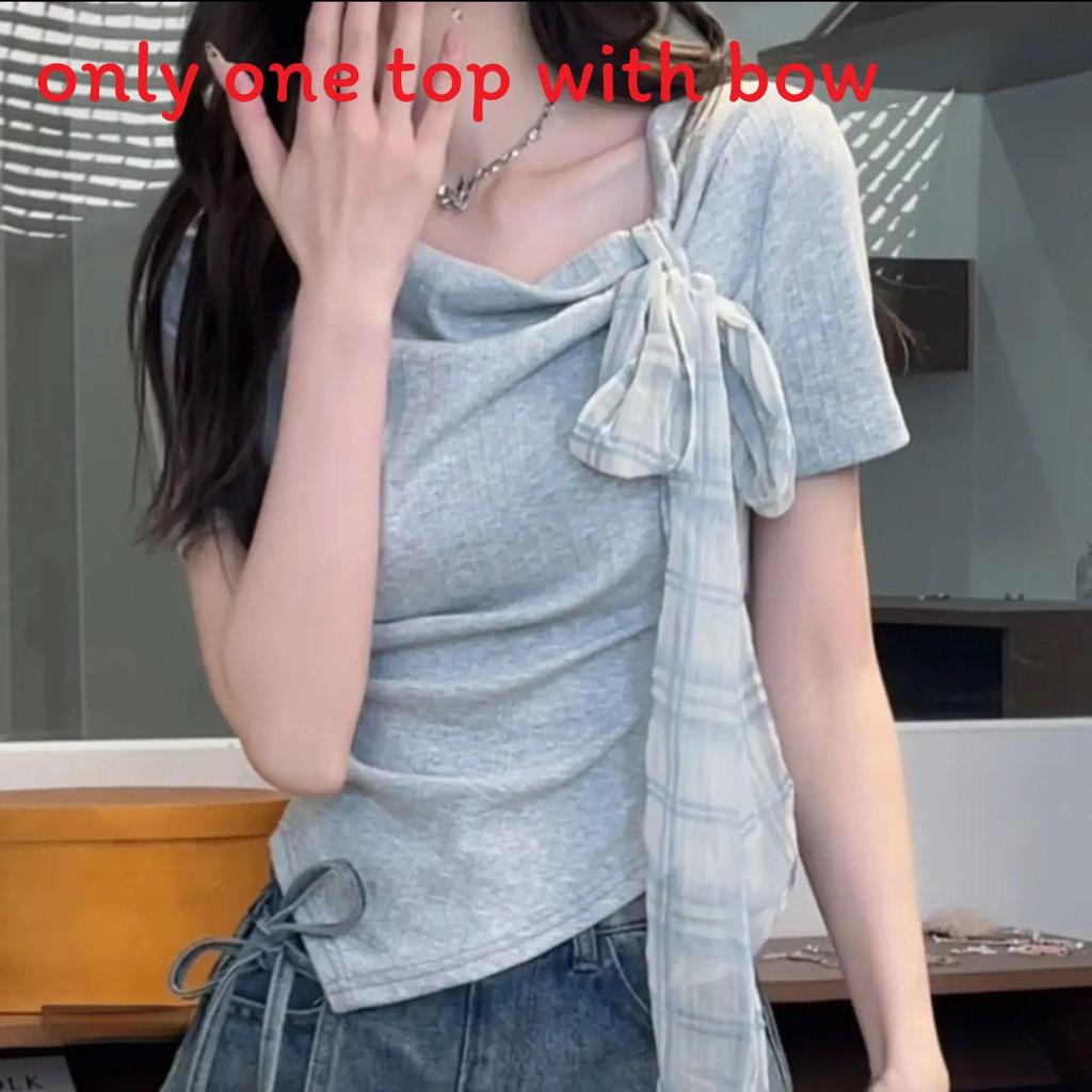 Dopamine Summer Fashion Short Sleeve T Shirt With Bow Tie And Asymmetric Pattern For Women