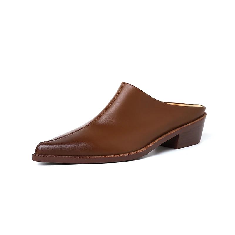 

2024 Новые женские мюли из натуральной кожи, модные летние тапочки на высоком толстом каблуке, женские повседневные офисные черные коричневые туфли для женщин 39 шоколадный