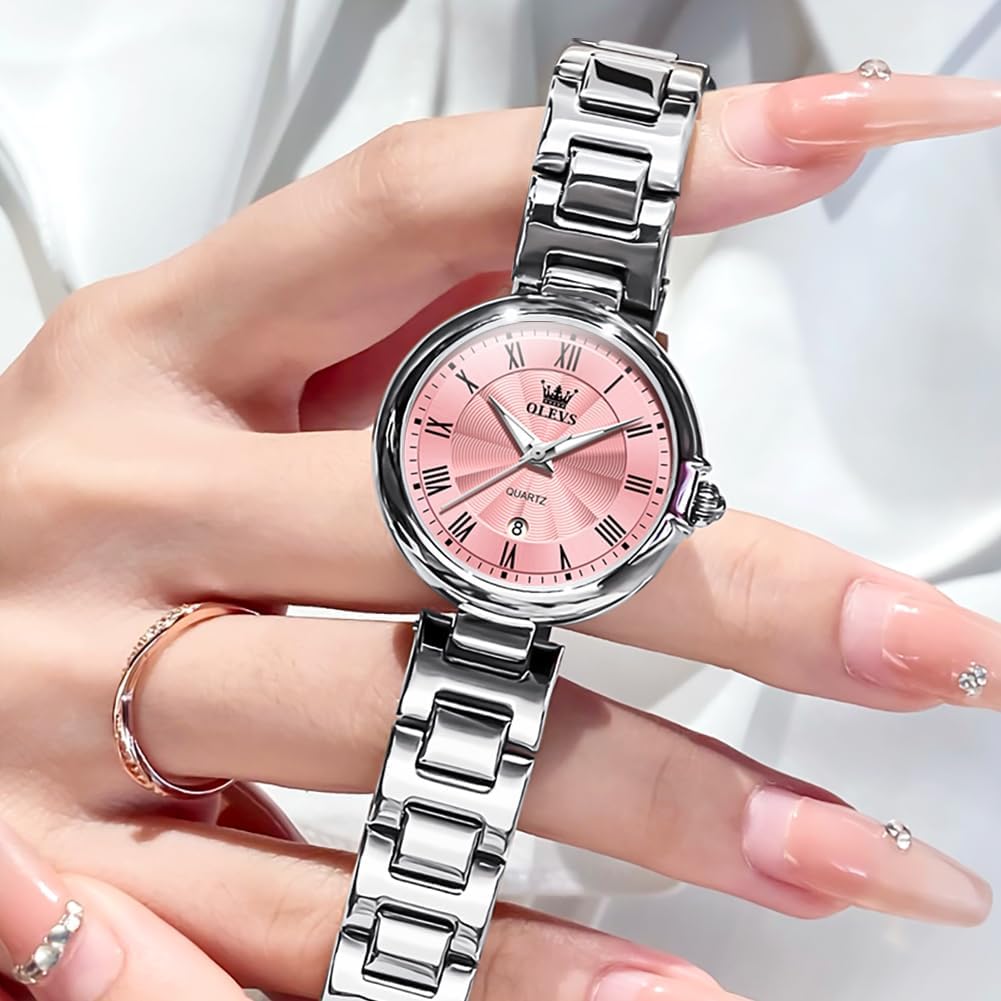 OLEVS Quartz Stainless Pink Women's Watch, Cute, Lightweight, Steel, Waterproof, Luminous, Gift,