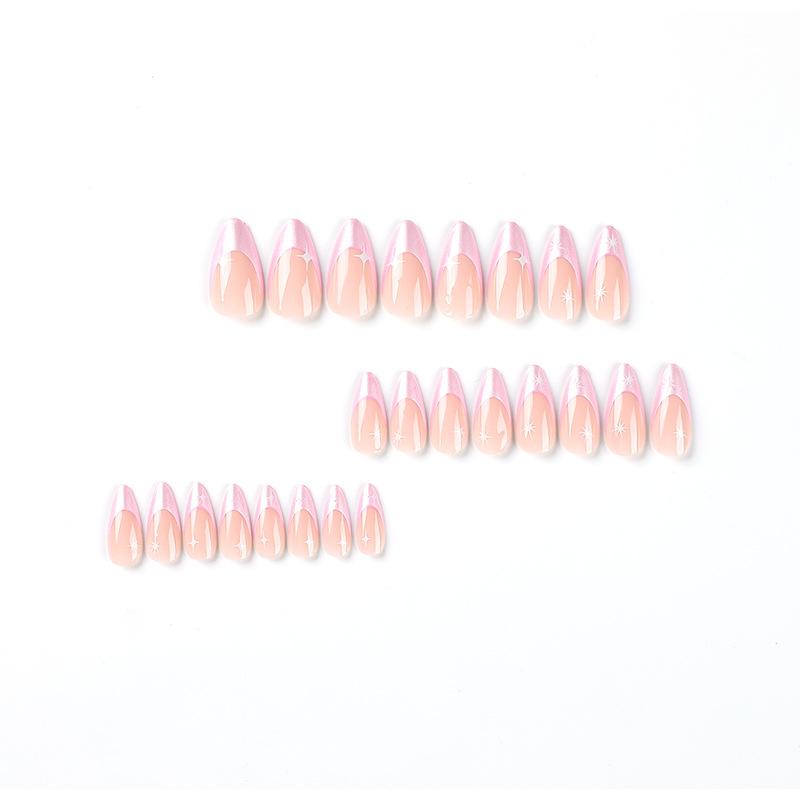 24Pcs/Set Quick Nails French Style Pink Pearl Powder False Nials Sticker Wearable Waterproof Manicure Finished Nails