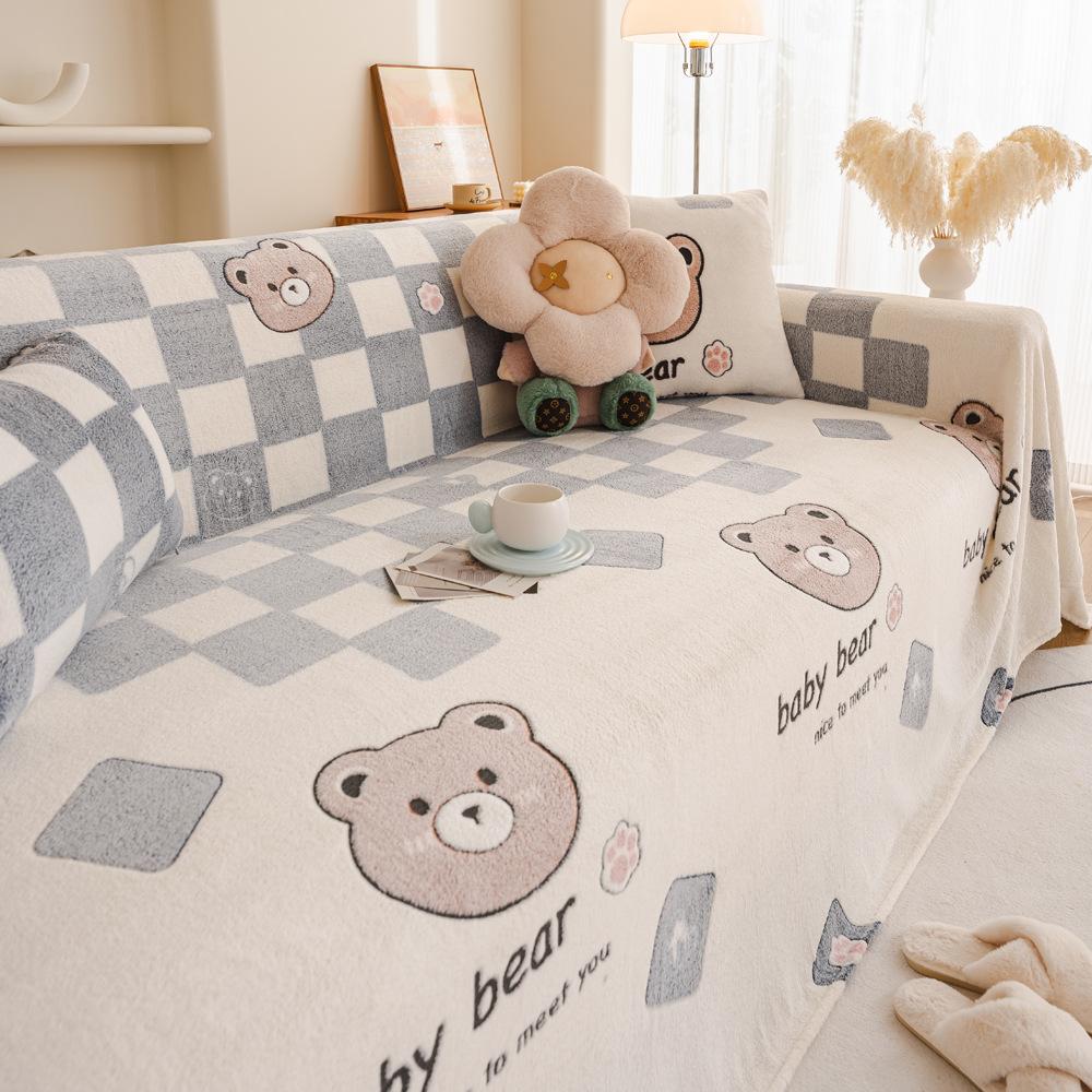 Fleece Sofa Cover Towel Winter Thickened Fleece Sofa Cushion Cartoon Style Leather Sofa Cover