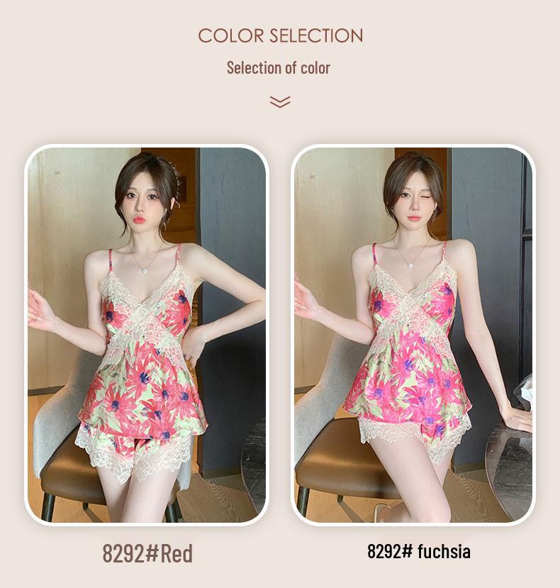 Women's Ice Silk Lace Pajama Set - Camisole & Shorts for Spring/Summer/Autumn