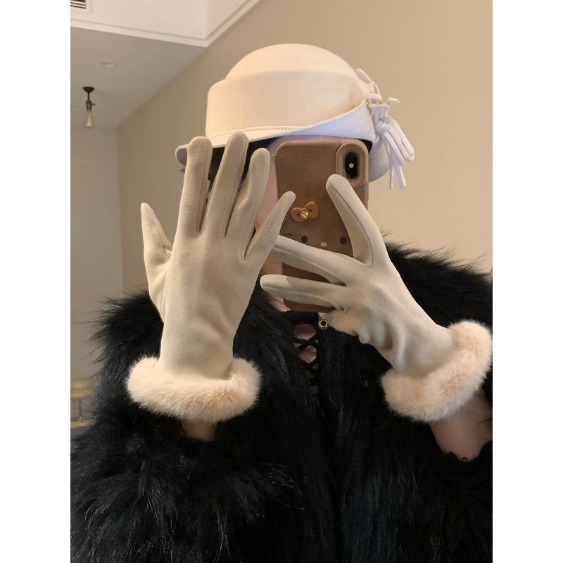 

Перчатки из немецкого бархата класса люкс с имитацией кроличьего меха для женщин на зиму, с плюшевой подкладкой для тепла и защиты от холода, темпераментные перчатки с сенсорным экраном One size