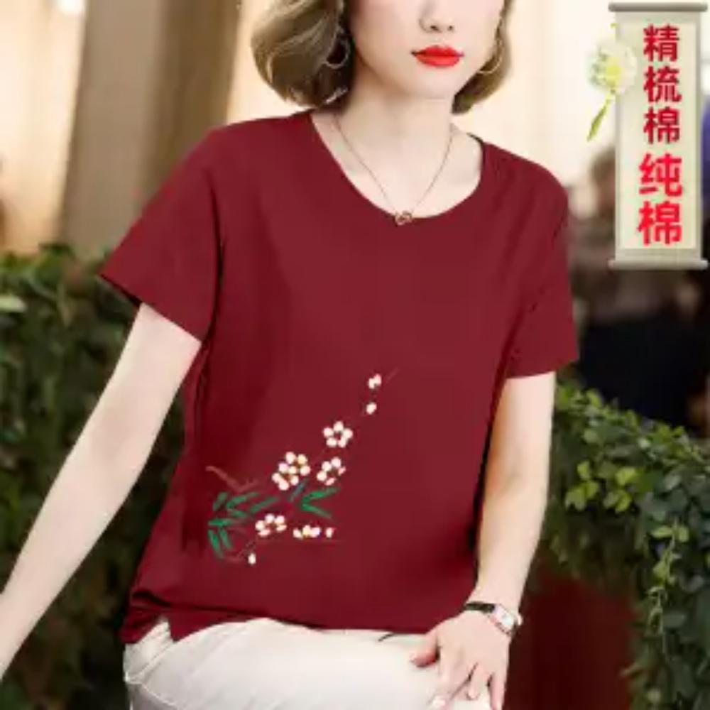 Pure Cotton T-shirt Short-sleeved Women's Round Neck Summer Wear Middle-aged Top Belly-covering T-shirt
