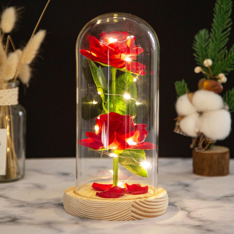 Two simulated roses glass cover ornament creative Valentine's Day Mother's Day gift eternal flower night light