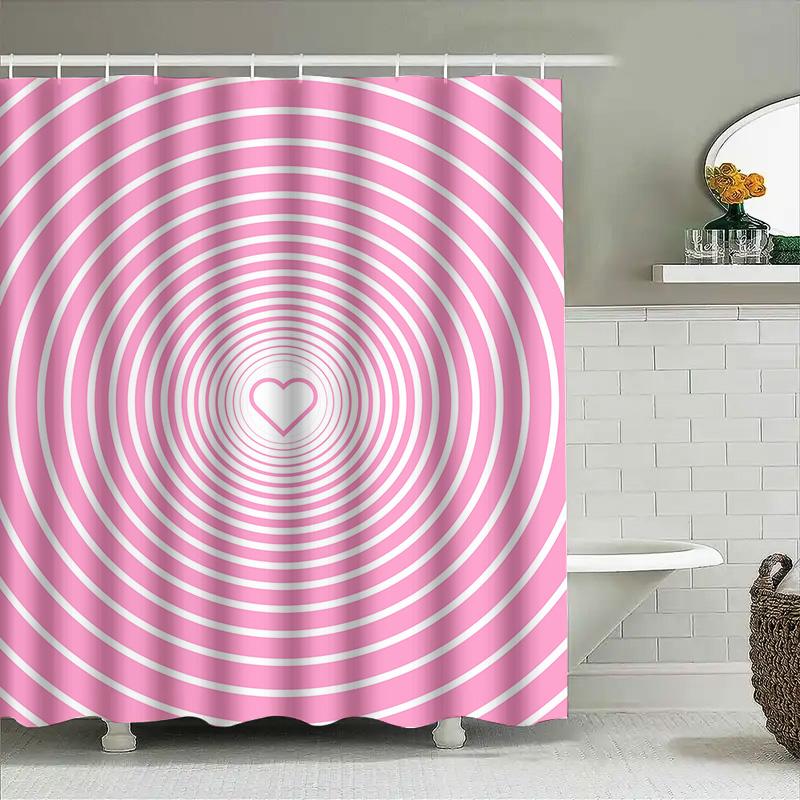 Pink Circular Shower Curtain: Eye-Catching Bathroom Decoration With White Lines Heart Design For Home Decor (Set 48X72) Availabl